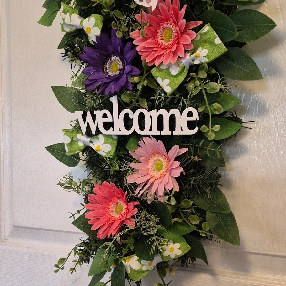 Floral Welcome Wreath Swag , Gerber Daisies , Door Decoration